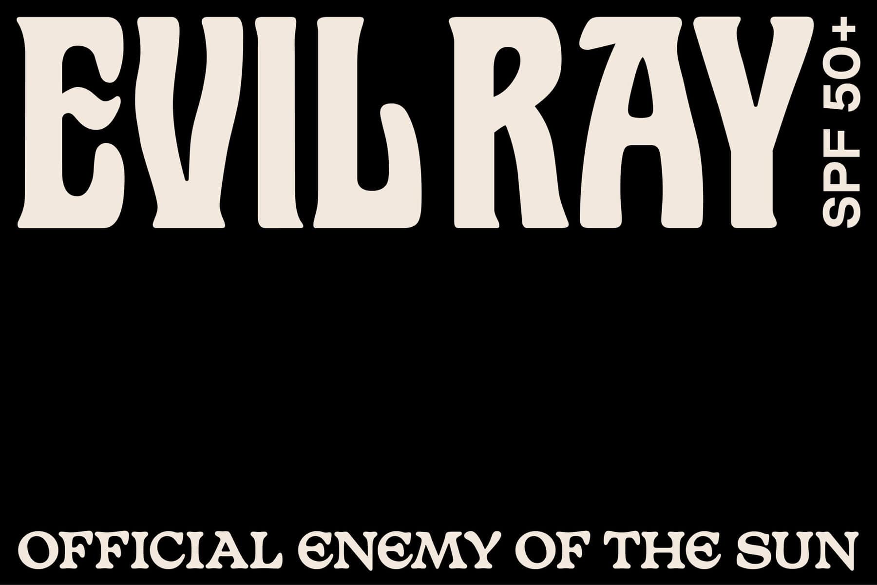 Evil Ray 선크림 패키지 전체샷 — 짙은 퍼플과 형광 녹황색 조합의 선크림 3종