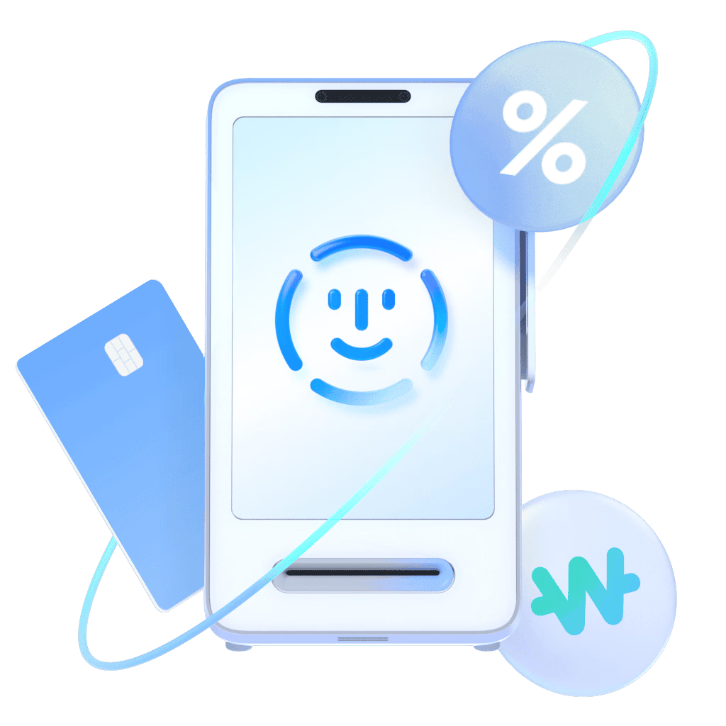 스마트폰 화면에 얼굴 인식 아이콘이 떠 있고, 배경에는 카드와 할인 아이콘이 있습니다. 이는 얼굴 결제가 카드와 혜택을 결합하는 새로운 신뢰의 경험으로 진화하고 있음을 상징합니다.