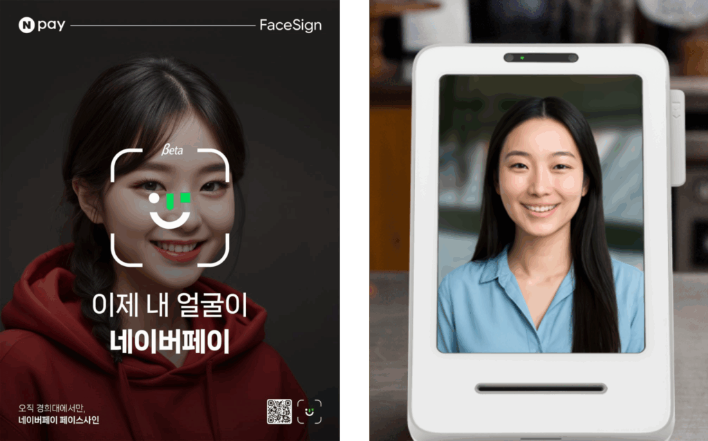 네이버페이 '페이스사인'과 토스 '페이스페이'의 안면 인식 결제 화면. 이는 얼굴 결제 시대가 기술 경쟁을 넘어 '브랜드 철학'과 '신뢰의 경험'을 증명하는 경쟁임을 상징합니다.