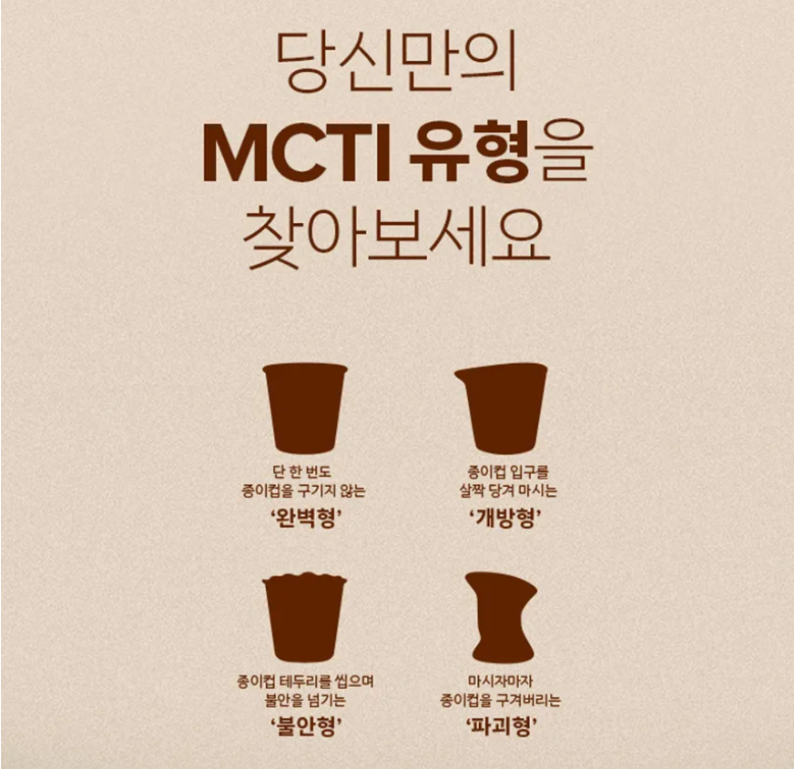 맥심 MCTI 심리 유형 테스트 4가지 결과. 완벽형, 개방형, 불안형, 파괴형 종이컵 습관 분석 및 도자기 컵 디자인.