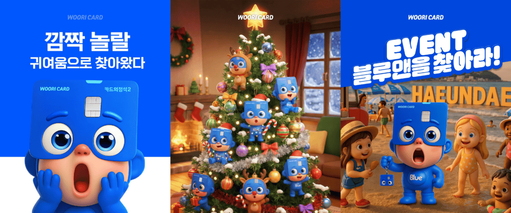 AI 캐릭터는 어떻게 기업의 페르소나로 작동할까? 10 우리카드 AI 캐릭터 ‘베이비블루’를 활용한 브랜드 콘텐츠 이미지, 카드 캐릭터가 크리스마스 트리와 이벤트 장면에 등장한 캠페인 사례