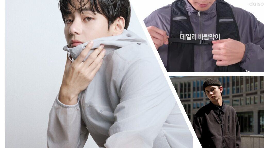 다이소 '데일리 바람막이' 제품 홍보 이미지 | 후드 티셔츠를 입은 남성 모델 화보(좌)와 다이소 데일리 바람막이 제품을 착용하고 지퍼를 여미는 모습(우상), 어두운 계열 바람막이를 입고 도심 야외에서 촬영한 스트리트 룩(우하)이 함께 구성된 콜라주