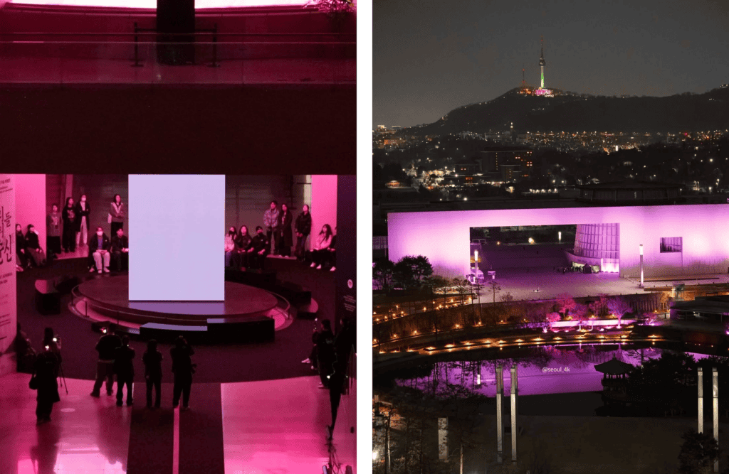 블랙핑크 상징색으로 물든 국립중앙박물관 외벽 핑크 라이팅 야경과 내부 컴백 리스닝 세션 현장